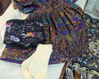 1830s Purple Beret Sleeve Doll Dress: Boned Corset, Handknit Socks, Boots - Handmade Couture