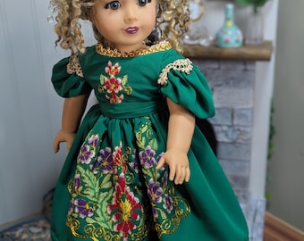 Handmade 1830s Green Beret Sleeve Dress for 18" Dolls: Couture Historical Fashion