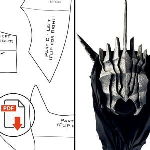 May include: A detailed image of a metallic, fantasy-themed helmet with a tall central spike and multiple smaller spikes. The helmet is set against a black fabric backdrop. Accompanying the helmet is a pattern with instructions and a PDF download icon.