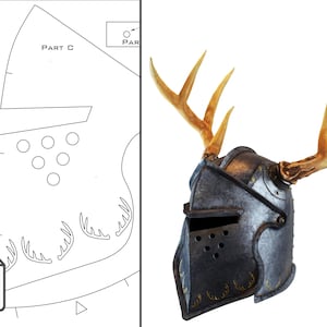 May include: A medieval-style helmet with attached antlers. The helmet is dark gray with gold accents and a visor. The antlers are a light brown color. A PDF pattern is also shown.