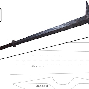 May include: A detailed illustration of a weathered, dark metal sword with a textured handle and a distinctive, angular blade. The image includes a PDF icon with a download arrow, and a blueprint with the text "BLADE 1" and "BLADE 2".