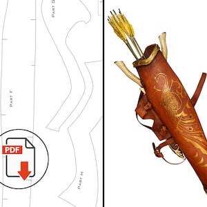 May include: A brown leather quiver with a gold peacock design, holding several yellow-fletched arrows. The quiver has a shoulder strap and decorative accents. A PDF pattern is also shown.