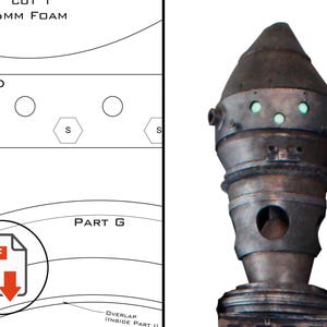 May include: A detailed, metallic, cylindrical object with a conical top, featuring circular and rectangular details, and glowing green lights. The object has a weathered appearance, suggesting age or use. The image also includes a diagram with text and shapes.