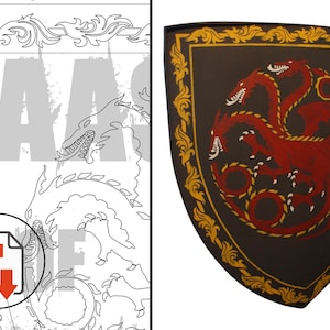 May include: A shield featuring a black background and a red three-headed dragon emblem. The shield is framed by a gold decorative border. The image also includes a black and white line drawing of a dragon and a PDF icon.