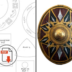 May include: A detailed image of a decorative shield with a gold, burgundy, and silver design. The shield has a central circular emblem and a sunburst pattern. The image also includes a PDF icon and a diagram with measurements.