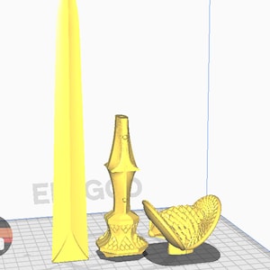 Puede incluir: Colección de objetos decorativos amarillos impresos en 3D. Los objetos incluyen un obelisco alto y esbelto, una columna ornamentada y un diseño en forma de abanico. Los objetos están sobre un fondo blanco con una cuadrícula.