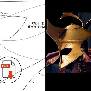 May include: A detailed golden helmet, likely for cosplay or costume purposes, set against a dark backdrop. The design features a mask-like face covering and decorative elements. A burgundy fabric is visible beneath the helmet. The image also includes a PDF icon.