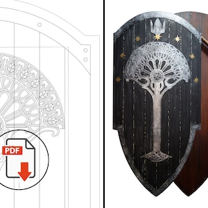 Könnte beinhalten: Detaillierte Illustration einer Tür mit einem PDF-Symbol und einem Schild mit einem Baumdesign. Das Schild ist dunkel mit einem silbernen Baum und goldenen Sternen. Das Türdesign ist eine Strichzeichnung eines Buntglasfensters.