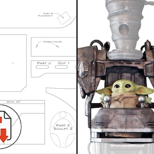 May include: A detailed image featuring a schematic and a prop from the Star Wars universe. The prop is a detailed, weathered-looking cradle holding a Grogu figure. The schematic includes text and diagrams, with a PDF download icon.
