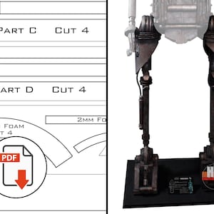 May include: A detailed model of a robot's legs, constructed from metallic components. The legs are mounted on a black base, with intricate mechanical details visible. The image also includes a PDF icon and text that reads "PART C CUT 4" and "PART D CUT 4".