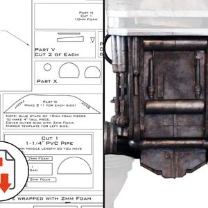May include: A detailed diagram with measurements and instructions for a craft project, alongside a metallic, weathered prop. The diagram includes text and shapes, with a PDF icon. The prop has a complex, industrial design.