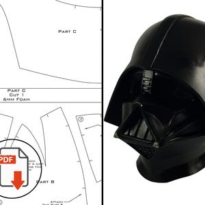 May include: A black Darth Vader helmet, a Star Wars costume accessory, is displayed on a white background. The helmet has a glossy finish and features a distinctive front mask and a high, rounded crown. A PDF pattern is also shown.