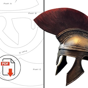 May include: A bronze-colored helmet with a dark red crest and a PDF download icon next to a white template sheet labeled with parts A, B, D, and E. The helmet features a metallic finish with embossed scrollwork details along the brow and sides.