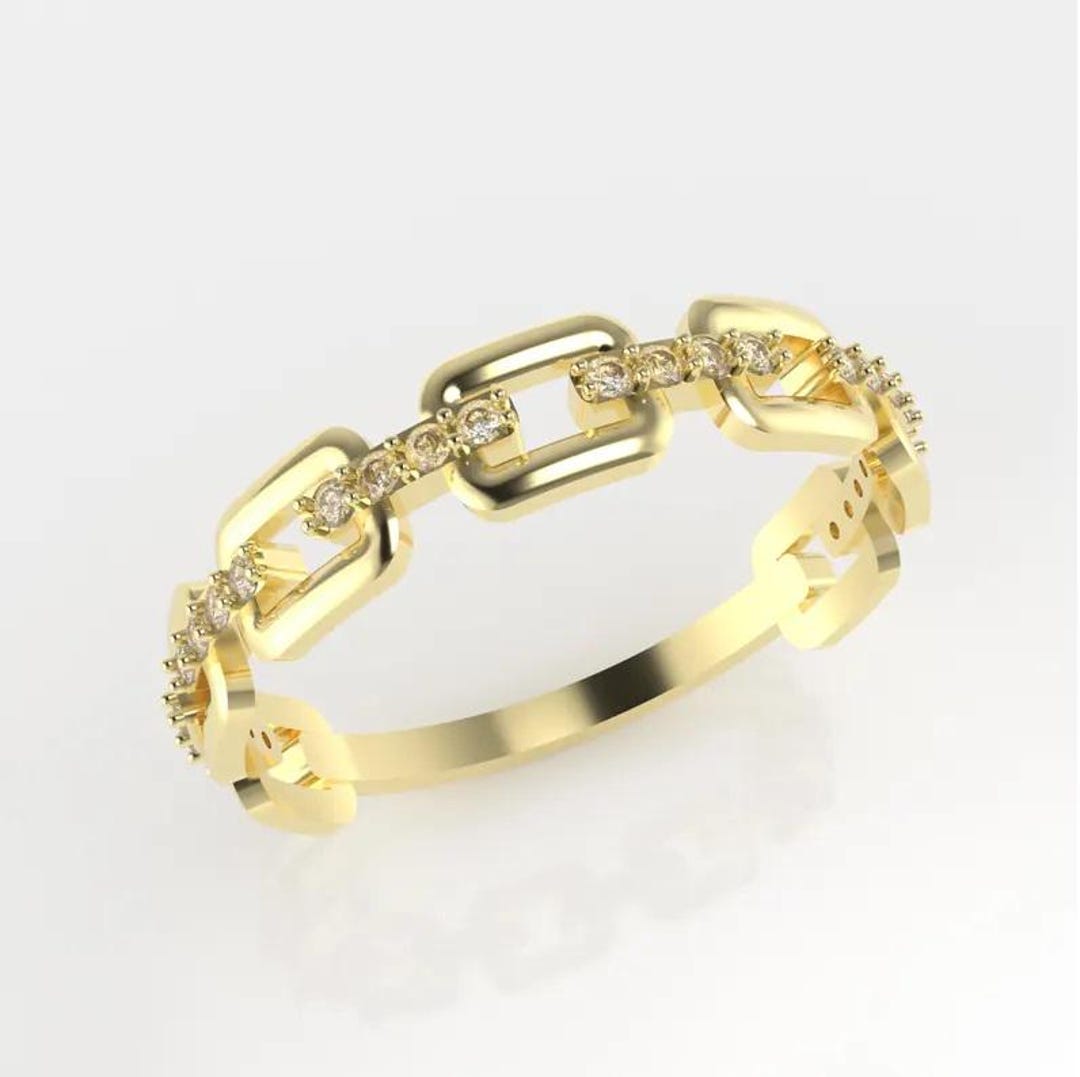 Golden Rings With Chain Diamond Link Chain Ring for Her, Gold Chain Band Ring, Dainty Pavé ...