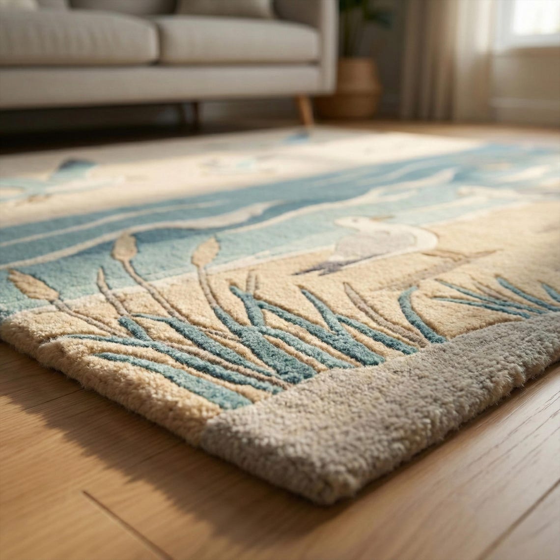 Coastal Bird Area Rug, Beige Blue Hand Tufted Wool Rugs for Living Room ...