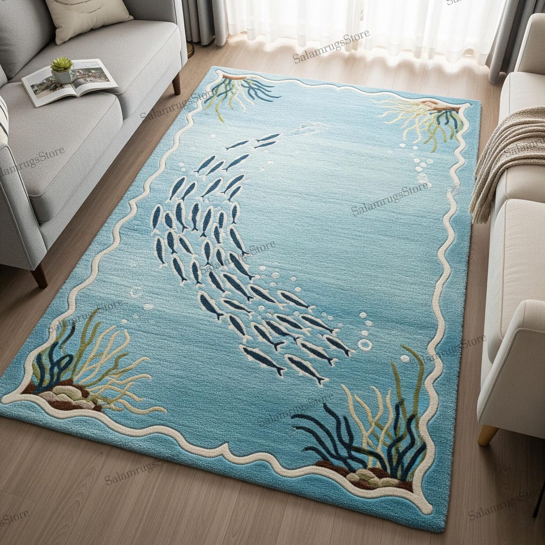 Loop Rag Rug Sea Blue Ocean Fish Design Hand Tufted White Scalloped Bedroom Wool Rug ...