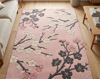 Pink Cherry Blossom Rug, Hand Tufted Floral Wool Area Rugs for living Room