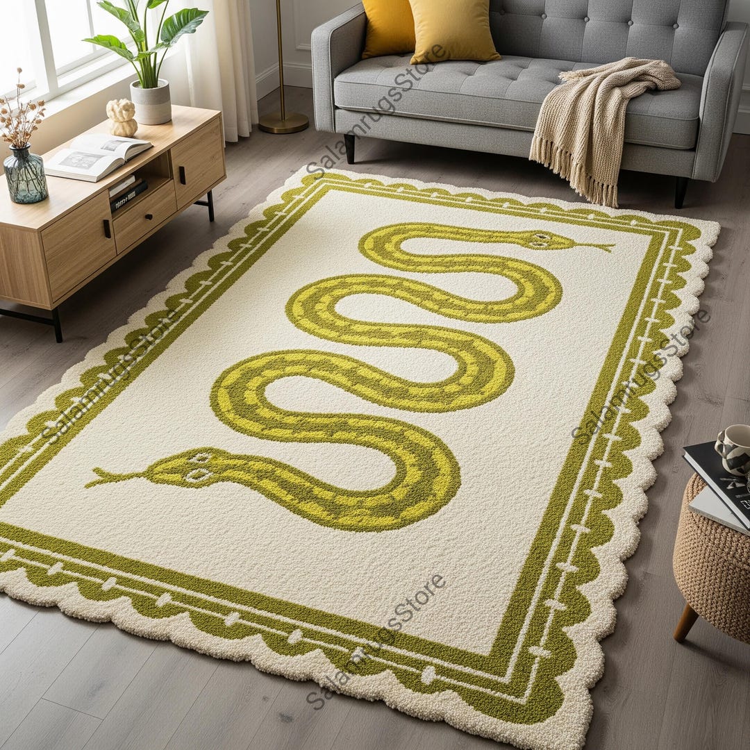 Whitesnake Rug Off White Lime Green Snake Design Scalloped Hand Tufted Wool Rugs ...