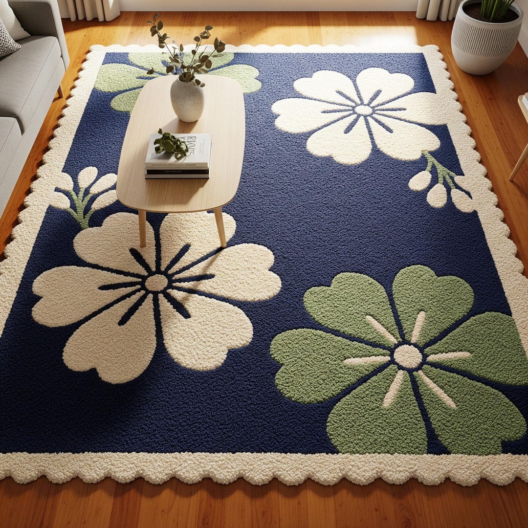 Navy Blue Ivory Green Floral Hand Tufted Wool Rug, Modern Scalloped ...