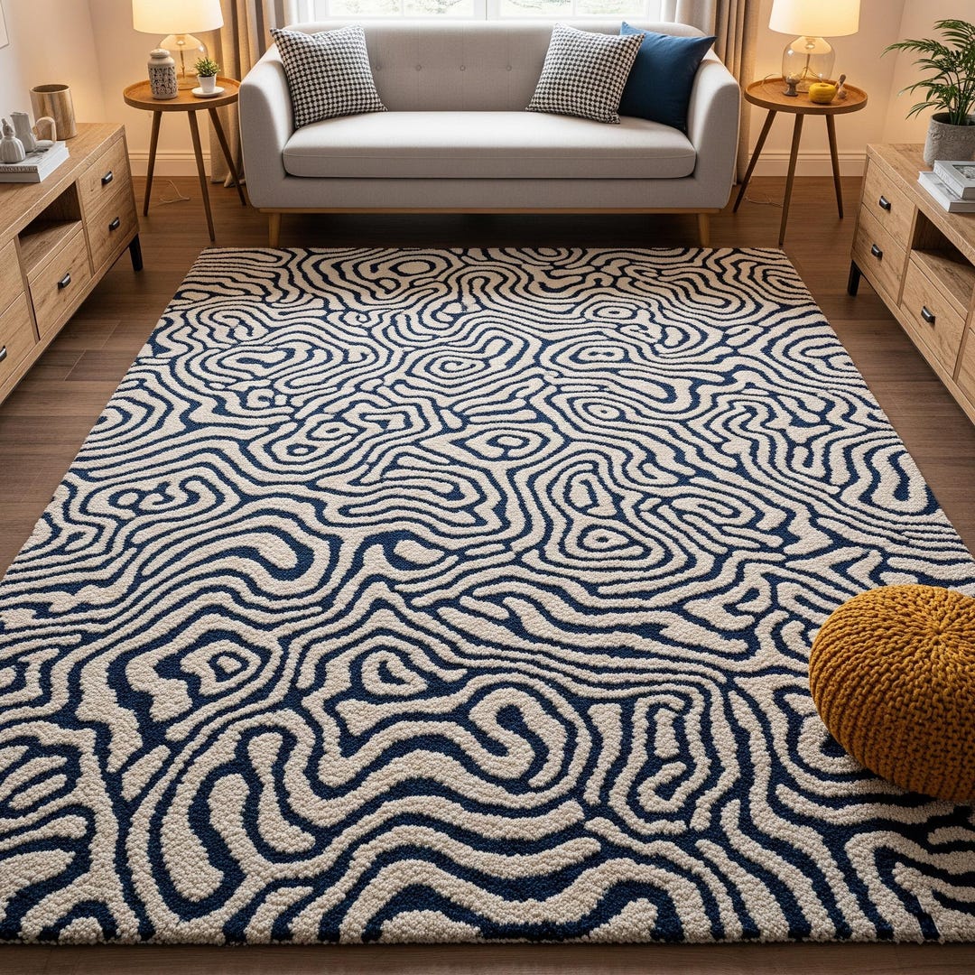 Ivory Maze Rug Ivory Navy Blue Maze Wool Rug, Handmade Abstract Area Rugs for Living ...