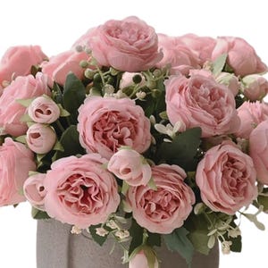 30cm Artificial Peony Bouquet Rose Pink Silk Flowers | 5 Large Heads 4 Buds | Wedding Bridal Bouquet | Home Table Decor
