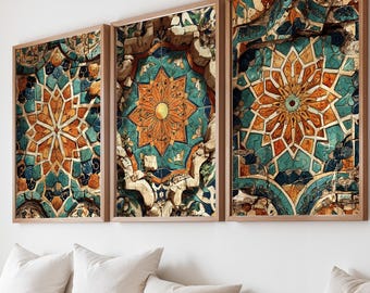 Islamic Geometric Wall Art Set, Teal Terracotta Moroccan Tile Prints (Digital Download)