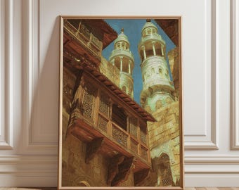 Arabian Minaret Towers Wall Art Printable, Mashrabeya Islamic Architecture Digital Download, Middle Eastern Decor