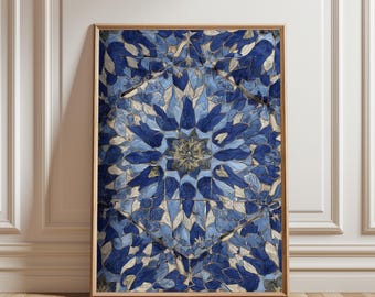 Blue Alhambra Tile Wall Art Print, Islamic Andalusian Pattern Printable Digital Download