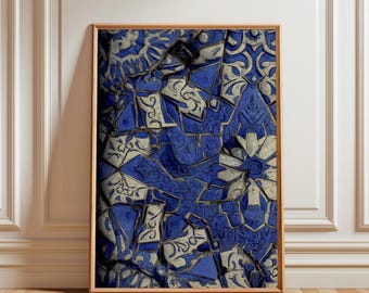 Blue Alhambra Tile Wall Art Print, Islamic Andalusian Pattern Printable Digital Download