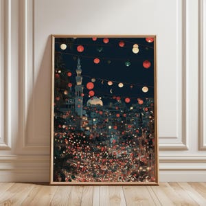 Festive night cityscape illustration featuring strings of red, green, and white lantern lights hanging over a busy Middle Eastern street with a mosque dome and minaret in the background. The digital wall art uses deep navy, warm yellow, and soft red tones to create a cozy, celebratory mood perfect for Ramadan, Eid, or cultural home decor.