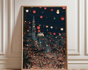 Ramadan Wall Art Printable, Islamic City Night Lantern Decor, Mosque Eid Digital Download Print