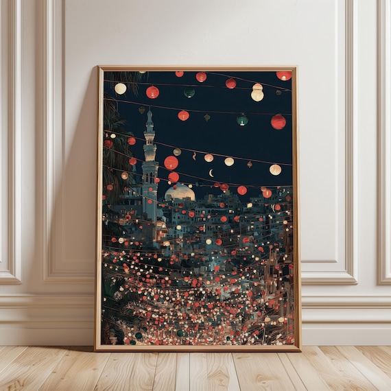 Ramadan Wall Art Printable, Islamic City Night Lantern Decor, Mosque Eid Digital Download Print