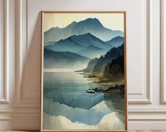 Misty Mountain Lake Printable Wall Art – Digital Download Landscape Painting