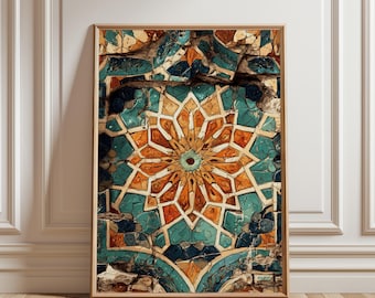 Islamic Geometric Moroccan Tile Art, Boho, Alhambra pattern Mandala Wall Print (Digital Download)