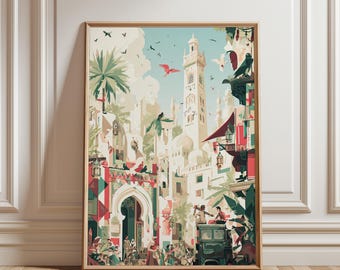 Ramadan Wall Art Printable, Islamic City Lantern Decor, Mosque Eid Digital Download Print