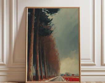 Rural Landscape Oil Painting Printable | Autumn Poplar Trees | Scandinavian Farmhouse Wall Art