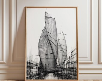 Modern Skyscraper Wall Art Printable, Black and White Architectural Line Drawing, Minimal City Building