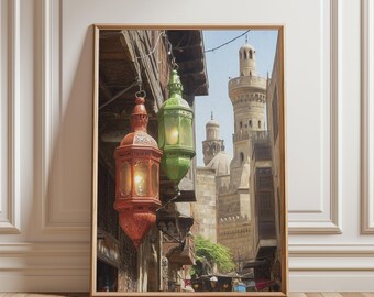 Ramadan Lanterns Printable Wall Art – Islamic Street Cairo Market Digital Download