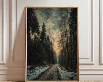 Vintage Forest Path Print – Dark Woodland Green Oil Painting, Mystical Pine Trees Art