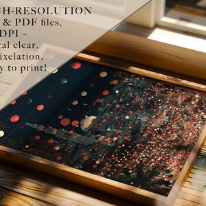 May include: A framed art print with a dark background and a colorful abstract design. The artwork features red, white, and green circular shapes, with the text "HIGH-RESOLUTION JPG & PDF files, 300 DPI - crystal clear, no pixelation, ready to print!" in the upper left corner.
