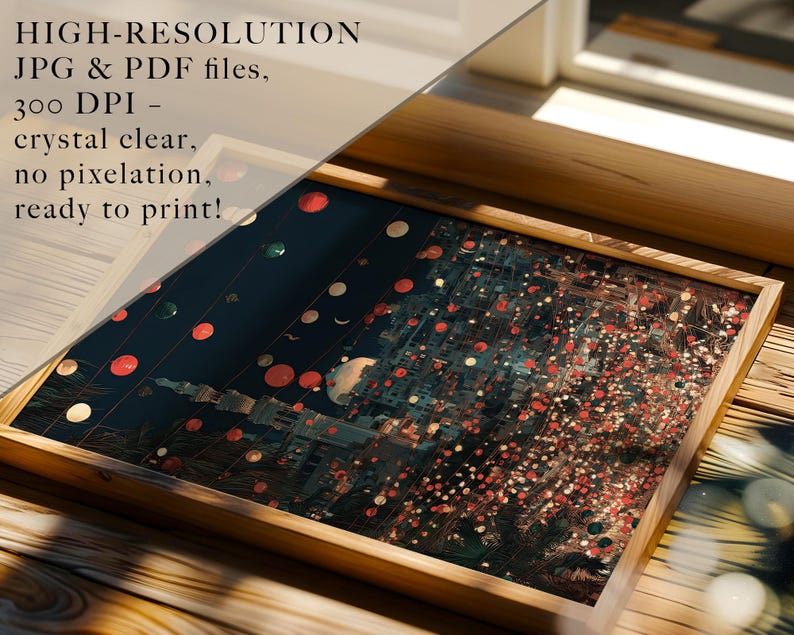 May include: A framed art print with a dark background and a colorful abstract design. The artwork features red, white, and green circular shapes, with the text "HIGH-RESOLUTION JPG & PDF files, 300 DPI - crystal clear, no pixelation, ready to print!" in the upper left corner.