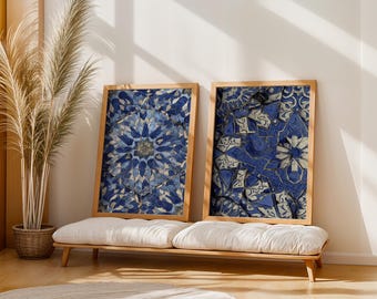 Blue Alhambra Tile Art Print Set, Islamic Floral Pattern (Digital Download)