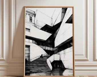 Abstract Black & White Building Sketch – Modern Architectural Line Art Download