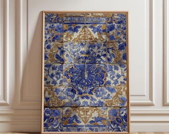 Blue Alhambra Tile Wall Art Print, Islamic Andalusian Pattern Printable Digital Download