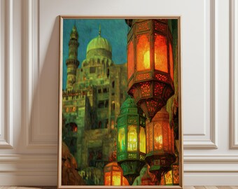 Ramadan Lanterns Printable Wall Art – Islamic Street Cairo Market Digital Download