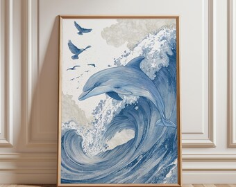 Dolphin Ocean Wave Printable Wall Art – Digital Download Sea Life Illustration