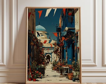 Mediterranean Blue Alley Wall Art Printable | Old Town Street Illustration | Coastal City Decor Download
