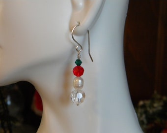 Red crystal dangle earrings, Christmas dangle earrings, red crystal christmas earrings, gift for her