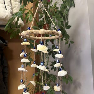 Seashell Hanging Mobile with Blue Beads – Handmade Coastal Boho Wind Chime – Garden Balcony & Home Decor”