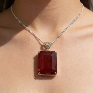 Red Ruby Pendant Necklace 100-110CT, Large Emerald Cut Gemstone Jewelry for Women, Sterling Silver Chain, July Birthstone Gift